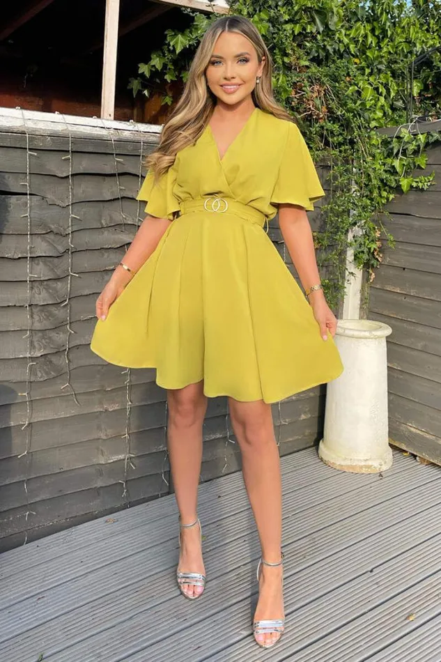 AX Paris Dresses Lime Wrap Over Belted Skater Dress With Short Sleeves