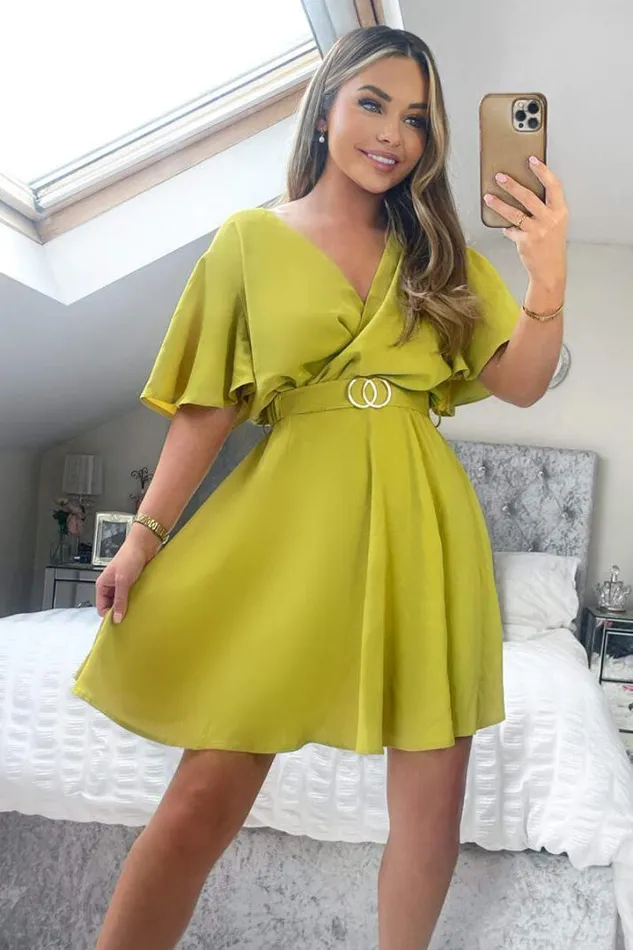 AX Paris Dresses Lime Wrap Over Belted Skater Dress With Short Sleeves