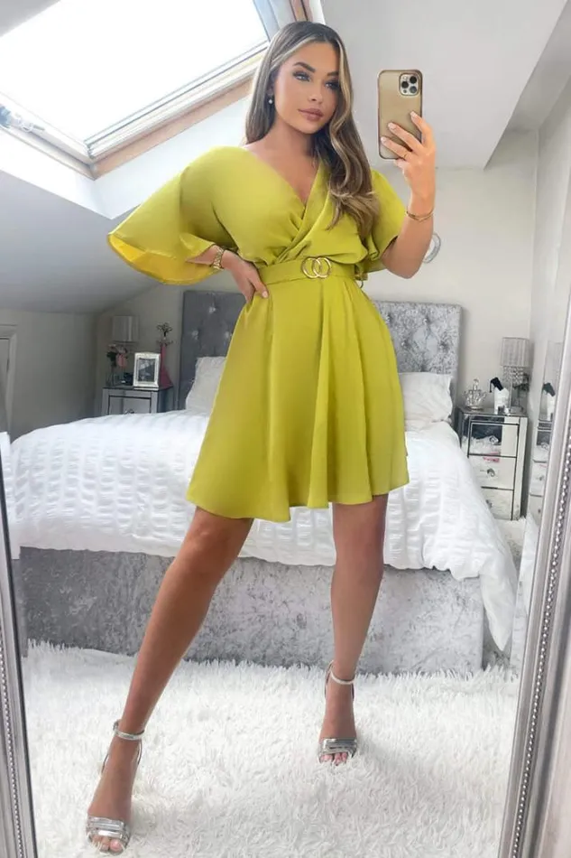 AX Paris Dresses Lime Wrap Over Belted Skater Dress With Short Sleeves