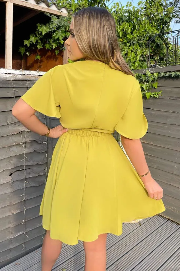 AX Paris Dresses Lime Wrap Over Belted Skater Dress With Short Sleeves