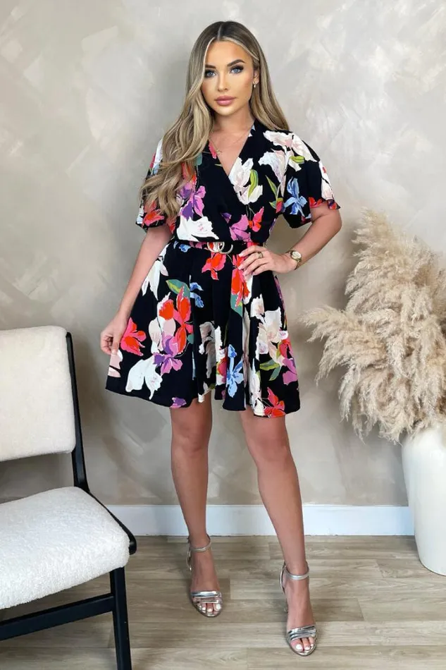 AX Paris Dresses Multi Floral Printed Wrap Over Belted Skater Dress