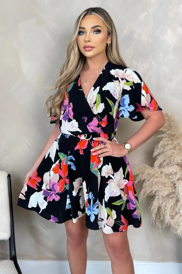 AX Paris Dresses Multi Floral Printed Wrap Over Belted Skater Dress
