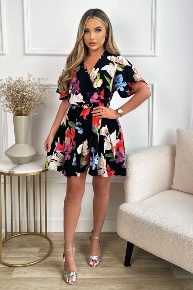AX Paris Dresses Multi Floral Printed Wrap Over Belted Skater Dress