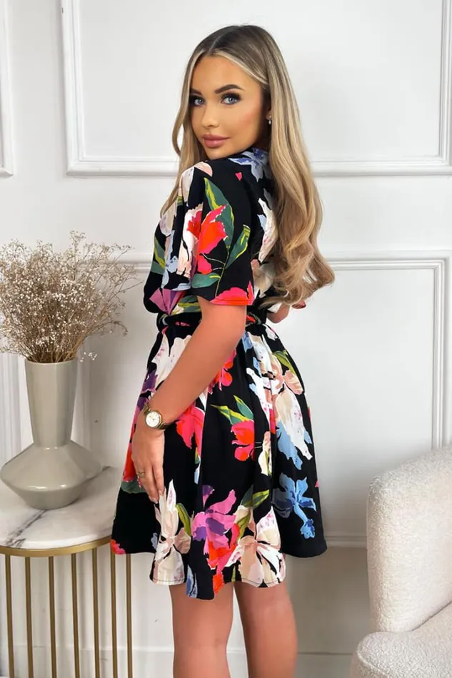 AX Paris Dresses Multi Floral Printed Wrap Over Belted Skater Dress