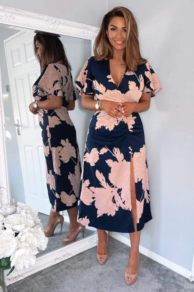 AX Paris Dresses Navy And Blush Floral Print Bell Sleeve Midi Dress