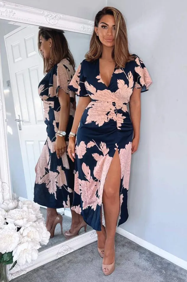 AX Paris Dresses Navy And Blush Floral Print Bell Sleeve Midi Dress