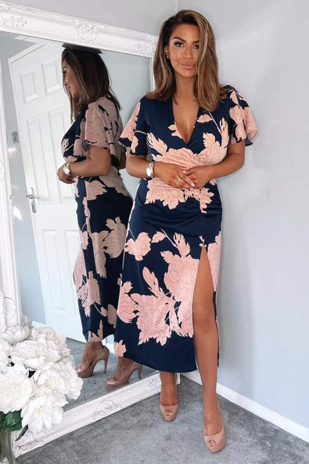 AX Paris Dresses Navy And Blush Floral Print Bell Sleeve Midi Dress