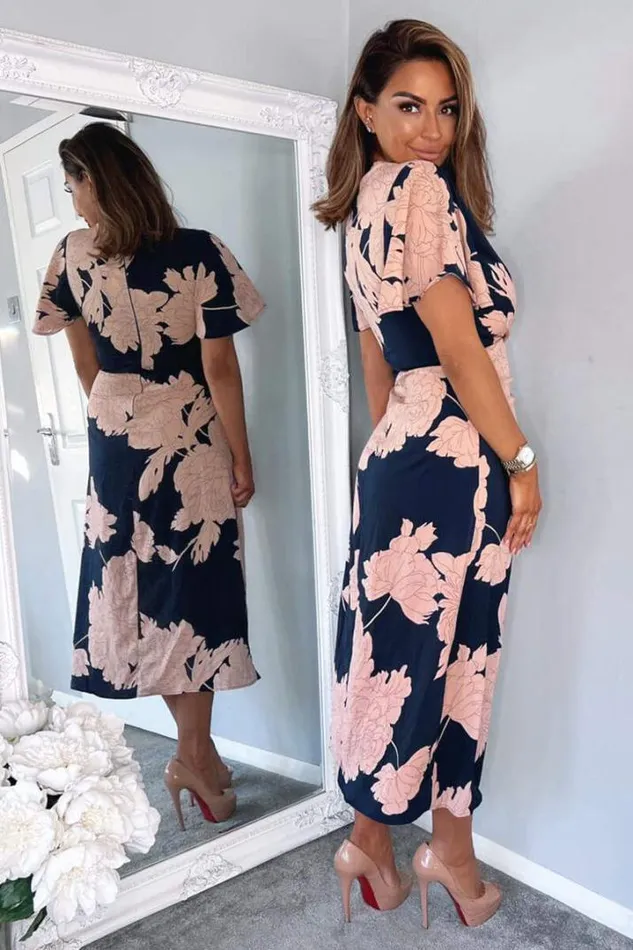 AX Paris Dresses Navy And Blush Floral Print Bell Sleeve Midi Dress