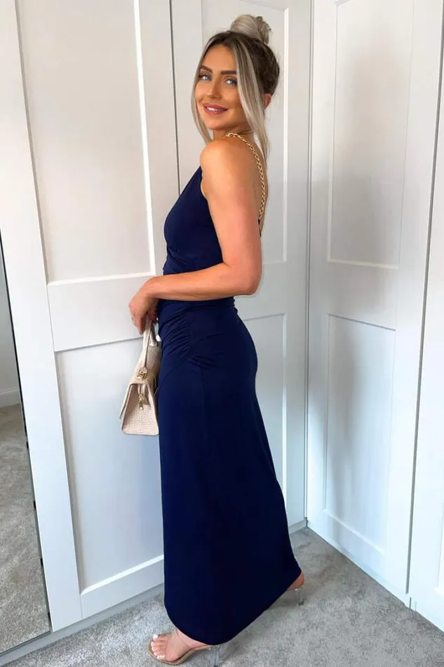 AX Paris Dresses Navy Wrap Over Midi Dress With Chain Straps