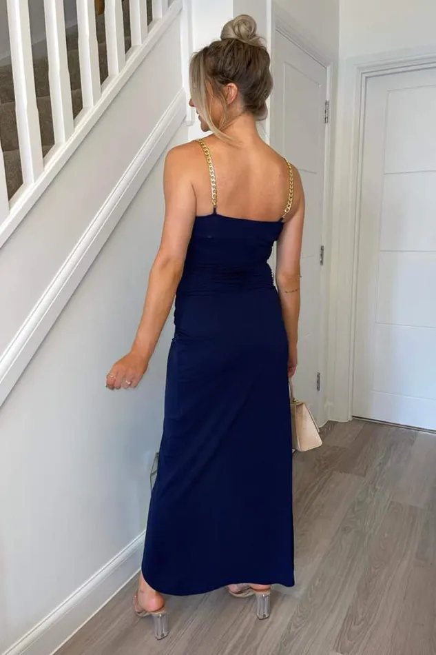 AX Paris Dresses Navy Wrap Over Midi Dress With Chain Straps