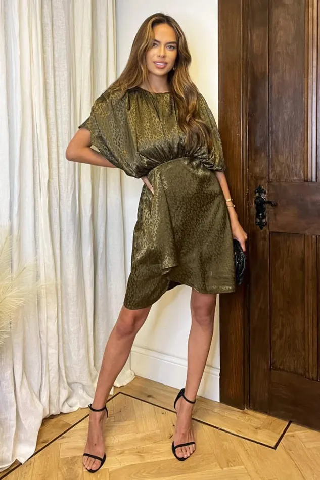 AX Paris Dresses Olive Animal Print Batwing Gathered Top Mini Dress