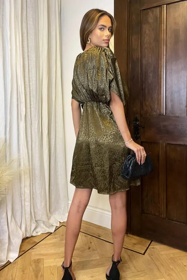 AX Paris Dresses Olive Animal Print Batwing Gathered Top Mini Dress