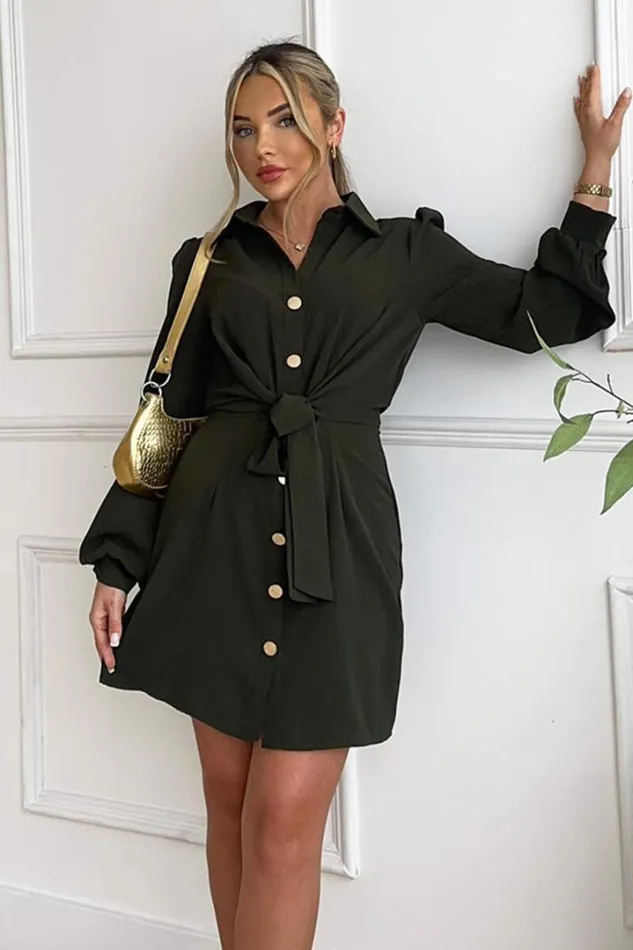 AX Paris Dresses Olive Button Tie Front Mini Shirt Dress