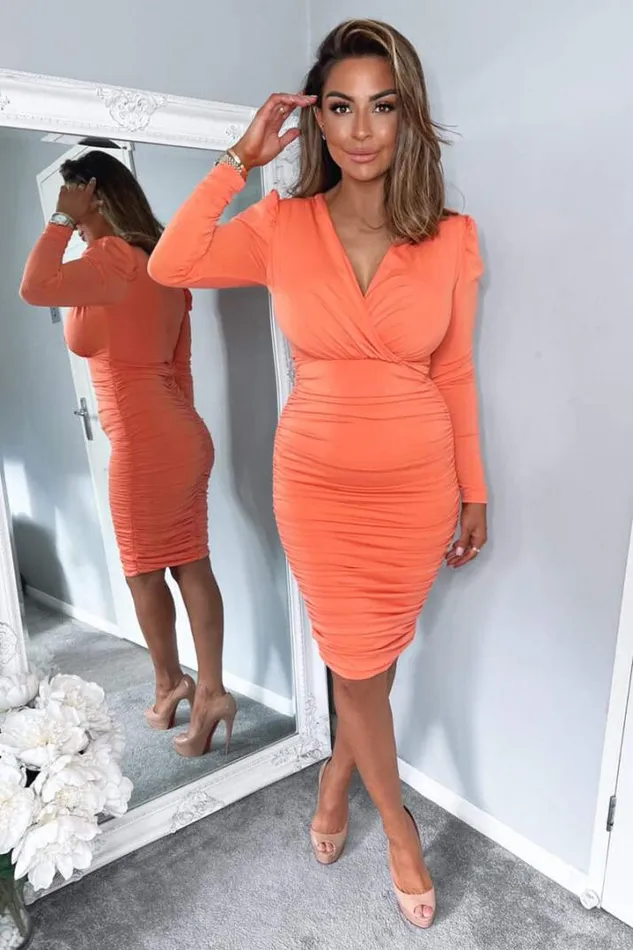 AX Paris Dresses Peach Ruched Long Sleeve Cross Front Midi Dress