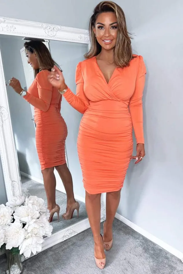 AX Paris Dresses Peach Ruched Long Sleeve Cross Front Midi Dress