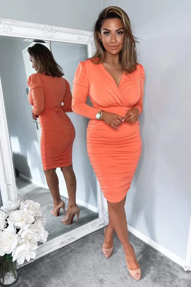AX Paris Dresses Peach Ruched Long Sleeve Cross Front Midi Dress