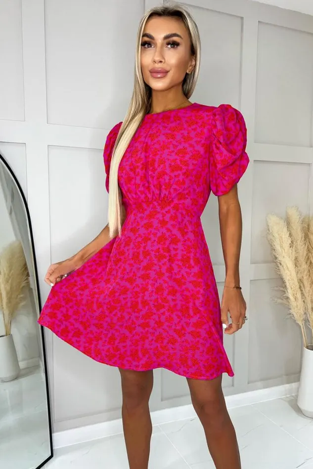 AX Paris Dresses Pink And Red Floral Printed Puff Sleeve Mini Skater Dress