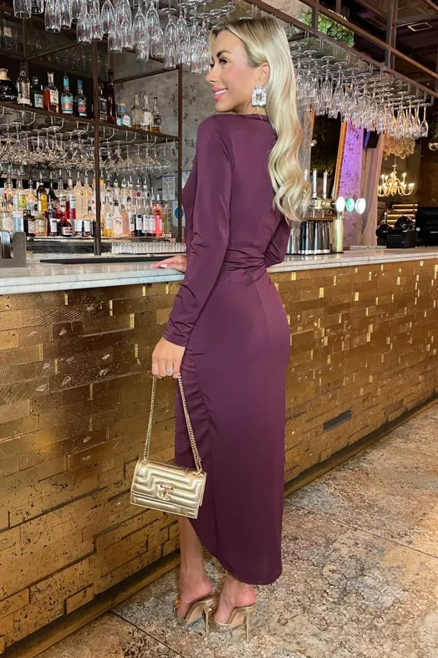AX Paris Dresses Plum Long Sleeve Wrap Midi Dress