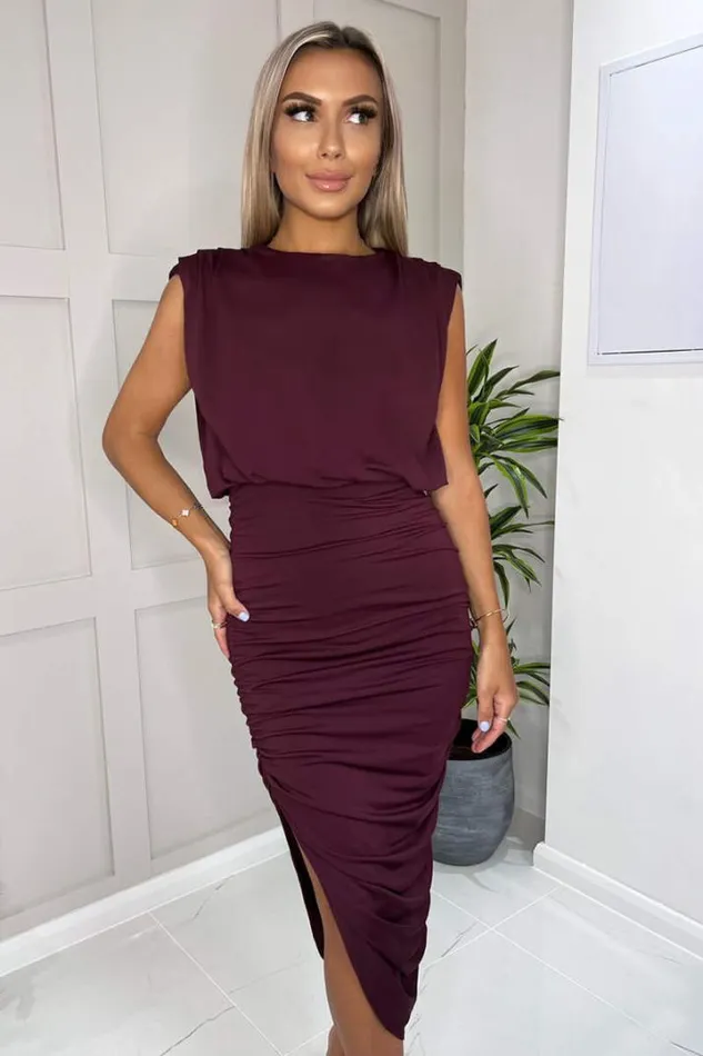 AX Paris Dresses Plum Pleated Shoulder Sleeveless Bodycon Dress