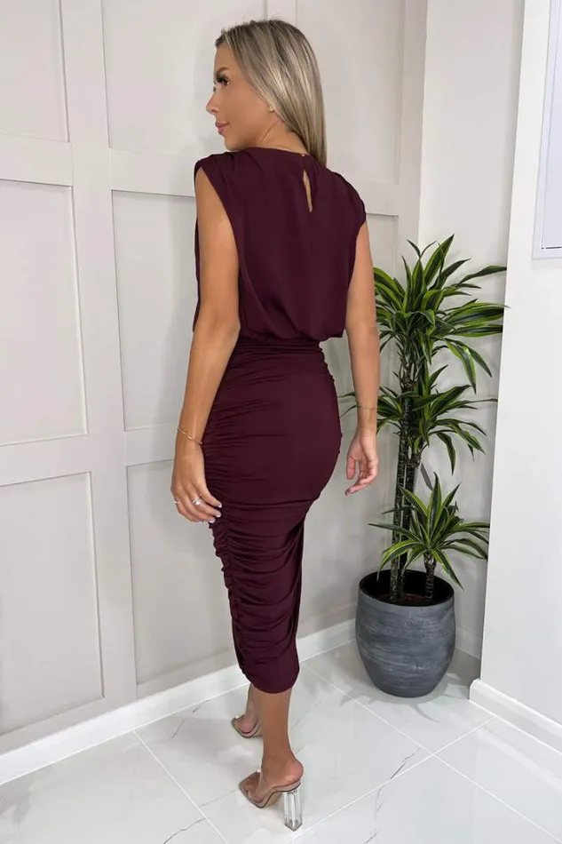 AX Paris Dresses Plum Pleated Shoulder Sleeveless Bodycon Dress