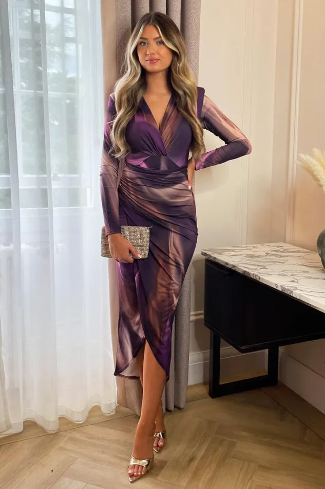 AX Paris Dresses Plum Printed Long Sleeve Wrap Midi Dress