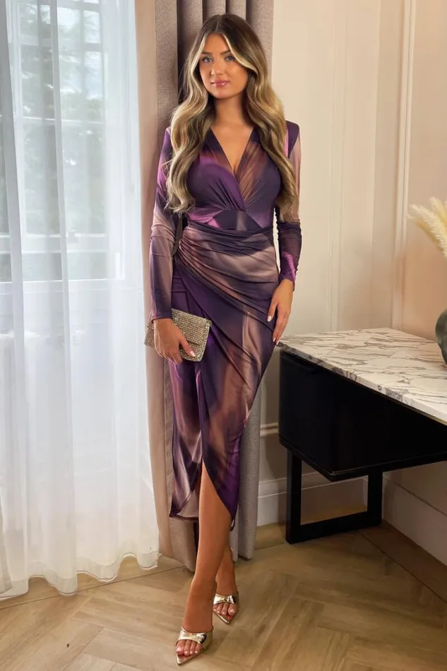 AX Paris Dresses Plum Printed Long Sleeve Wrap Midi Dress