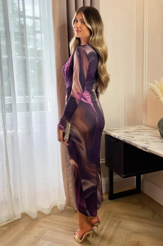 AX Paris Dresses Plum Printed Long Sleeve Wrap Midi Dress
