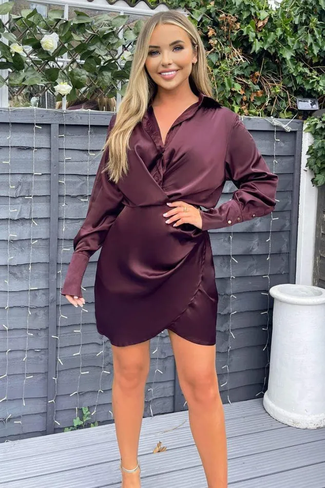 AX Paris Dresses Plum Satin Wrap Shirt Dress