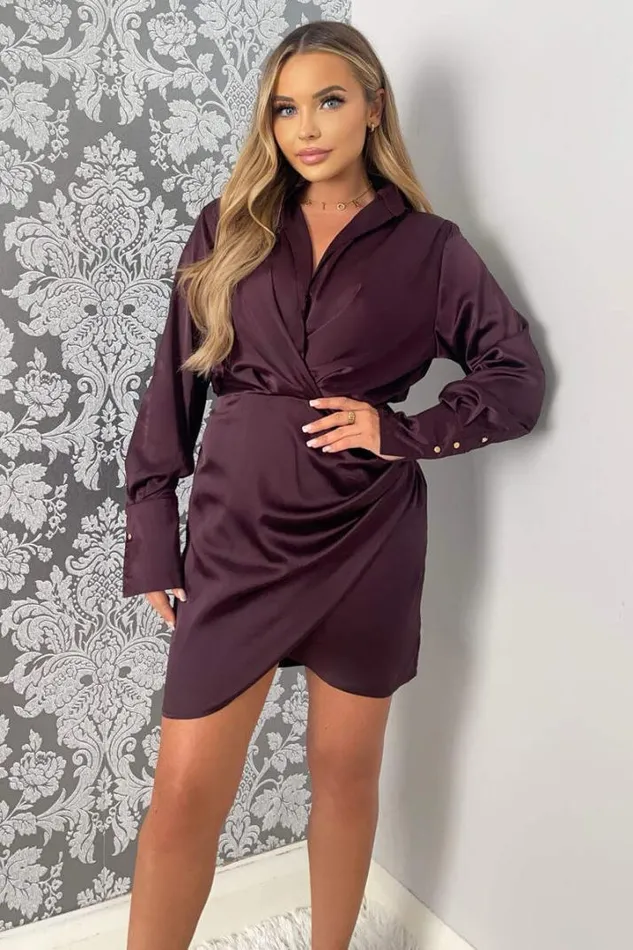 AX Paris Dresses Plum Satin Wrap Shirt Dress