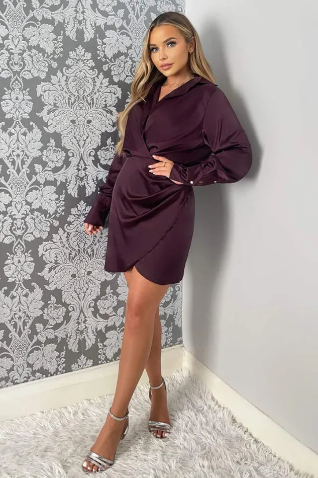 AX Paris Dresses Plum Satin Wrap Shirt Dress