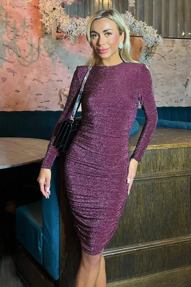 AX Paris Dresses Plum Sparkly Long Sleeve Ruched Midi Bodycon Dress