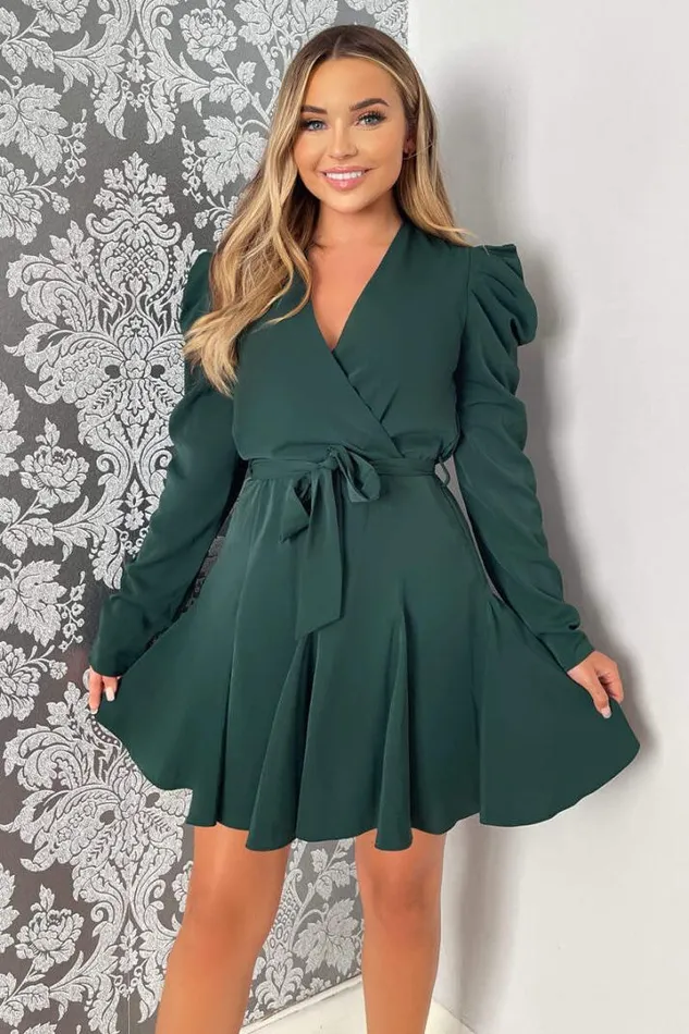AX Paris Dresses Teal Long Sleeve Tie Waist Skater Dress