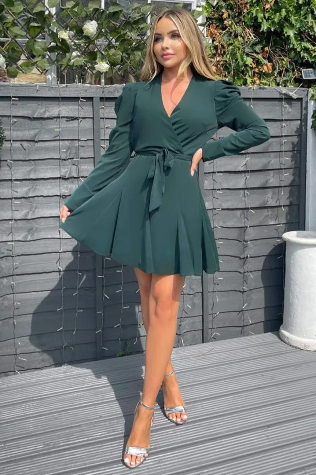 AX Paris Dresses Teal Long Sleeve Tie Waist Skater Dress