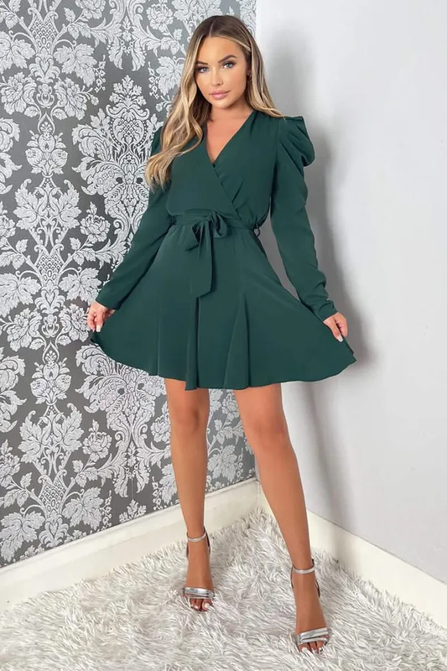 AX Paris Dresses Teal Long Sleeve Tie Waist Skater Dress