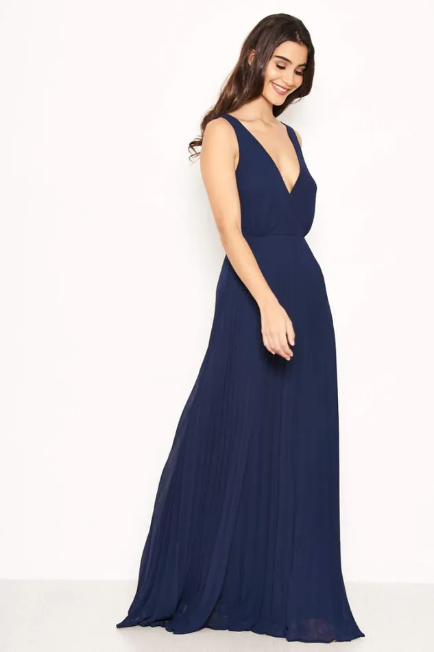 AX Paris Evening Dresses Navy Pleated Maxi Dress With Lace Straps