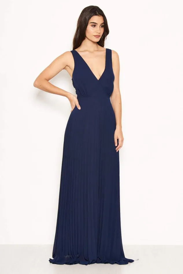 AX Paris Evening Dresses Navy Pleated Maxi Dress With Lace Straps