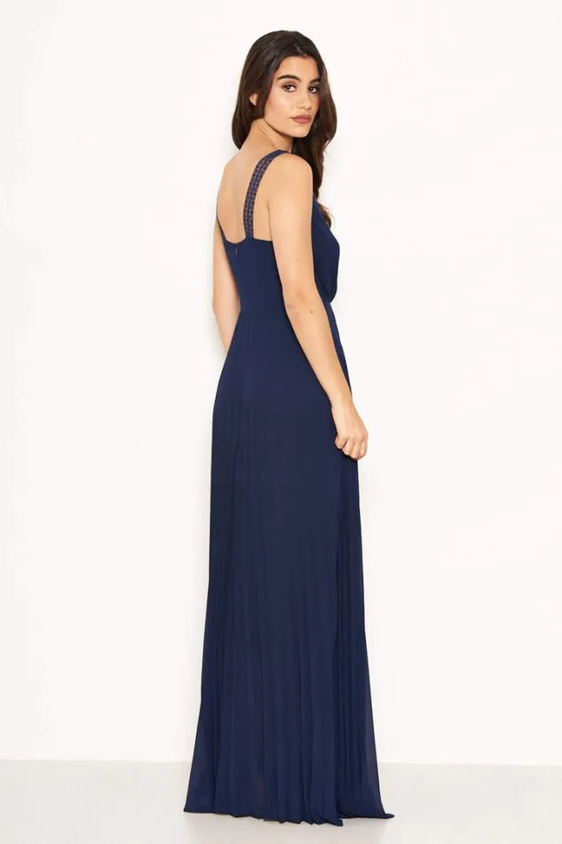 AX Paris Evening Dresses Navy Pleated Maxi Dress With Lace Straps