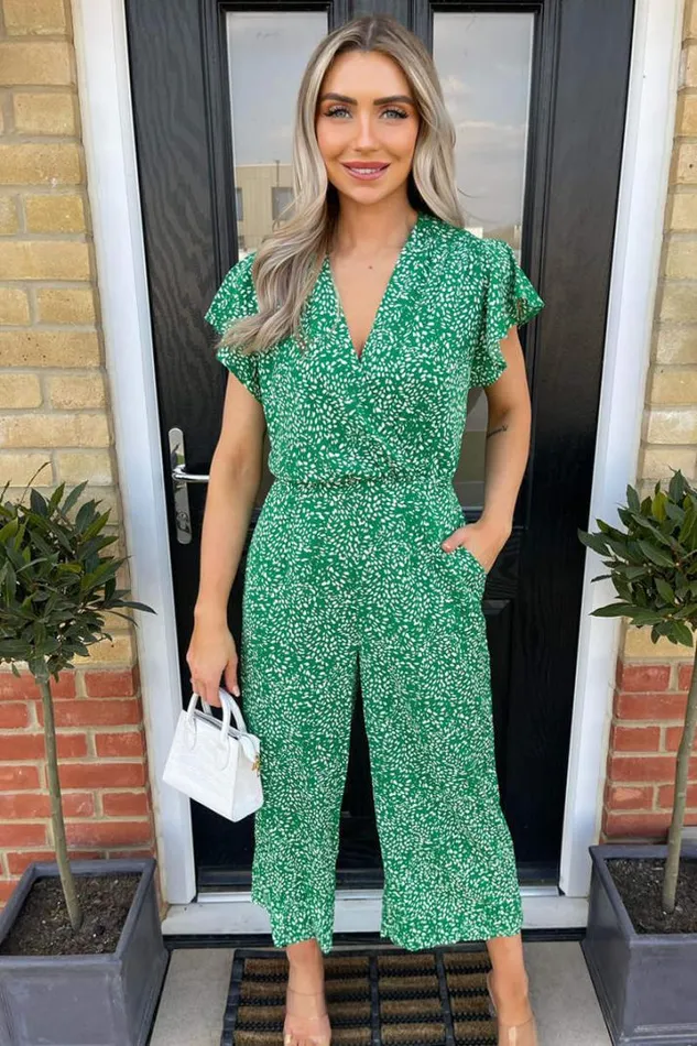 AX Paris Jumpsuits And Playsuits Green And White Printed Wrap Over Frill Sleeve Jumpsuit