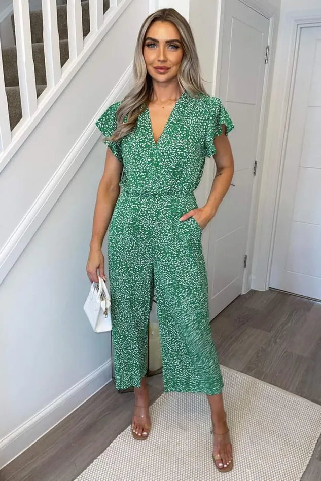 AX Paris Jumpsuits And Playsuits Green And White Printed Wrap Over Frill Sleeve Jumpsuit