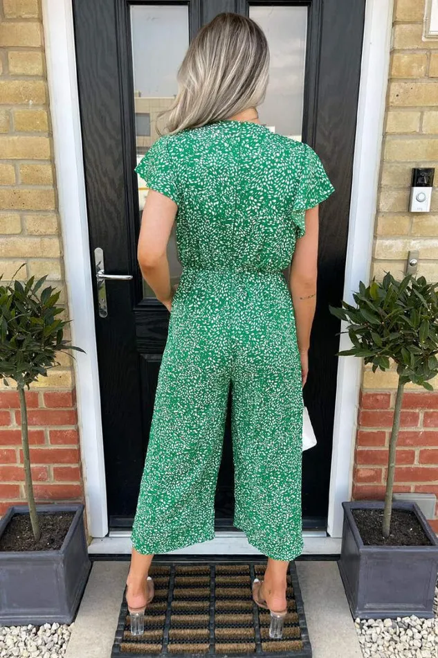 AX Paris Jumpsuits And Playsuits Green And White Printed Wrap Over Frill Sleeve Jumpsuit