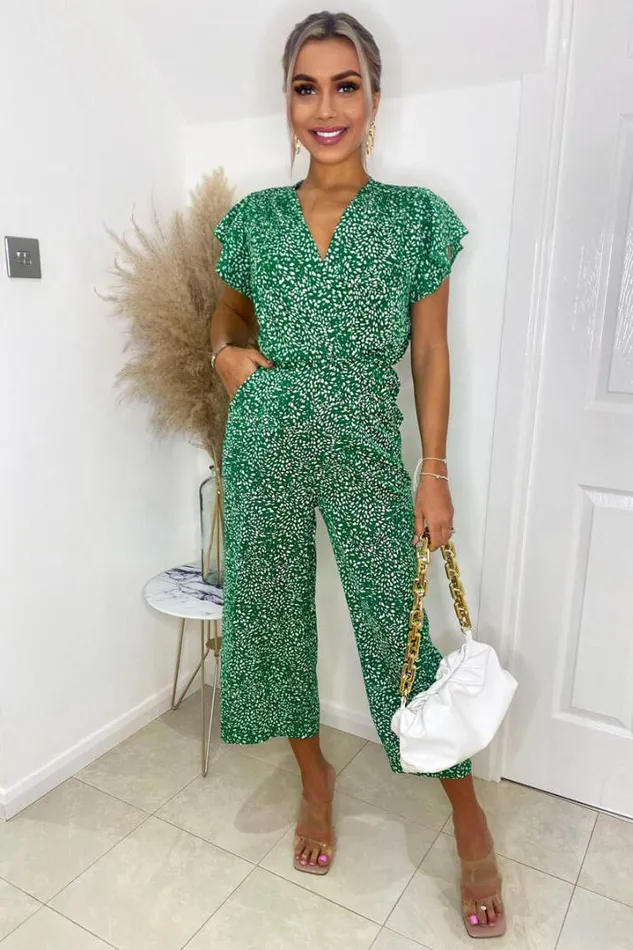 AX Paris Jumpsuits And Playsuits Green And White Printed Wrap Over Frill Sleeve Jumpsuit