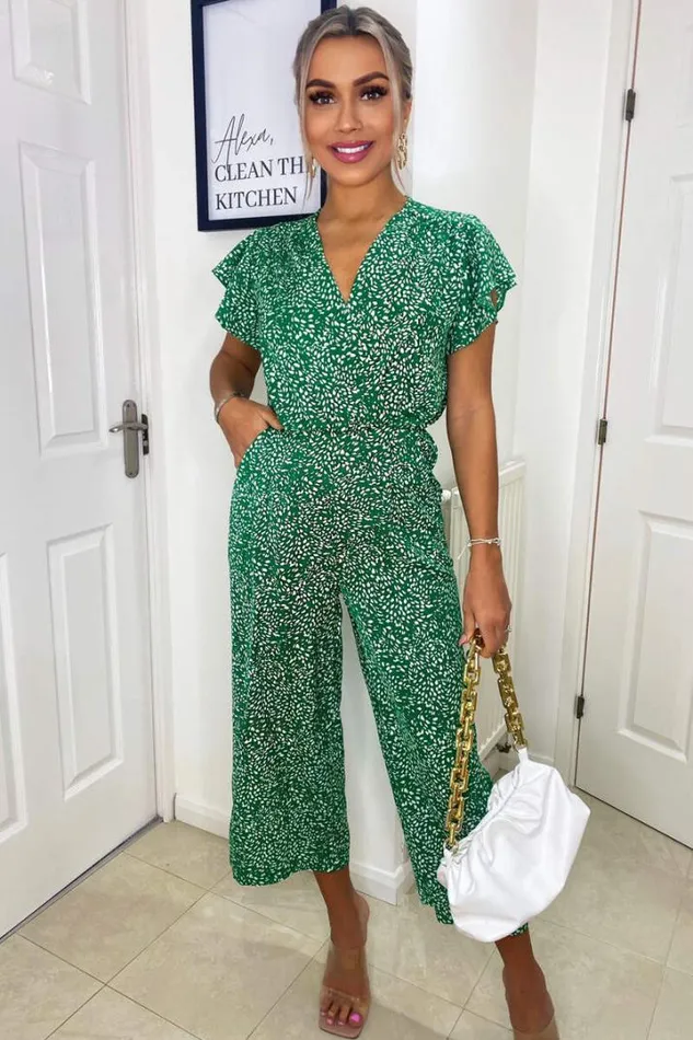 AX Paris Jumpsuits And Playsuits Green And White Printed Wrap Over Frill Sleeve Jumpsuit