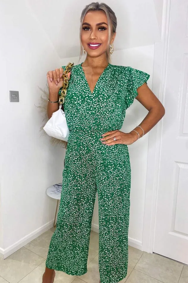AX Paris Jumpsuits And Playsuits Green And White Printed Wrap Over Frill Sleeve Jumpsuit