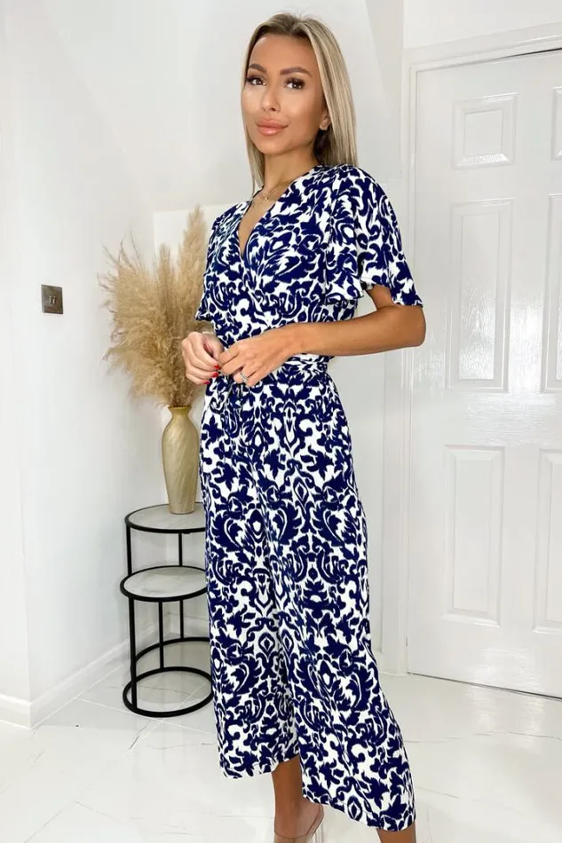 AX Paris Jumpsuits And Playsuits Navy And Cream Printed Wrap Top Short Sleeve Belted Jumpsuit