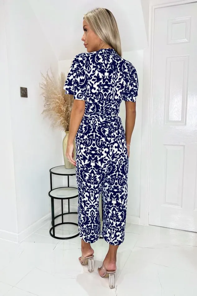 AX Paris Jumpsuits And Playsuits Navy And Cream Printed Wrap Top Short Sleeve Belted Jumpsuit