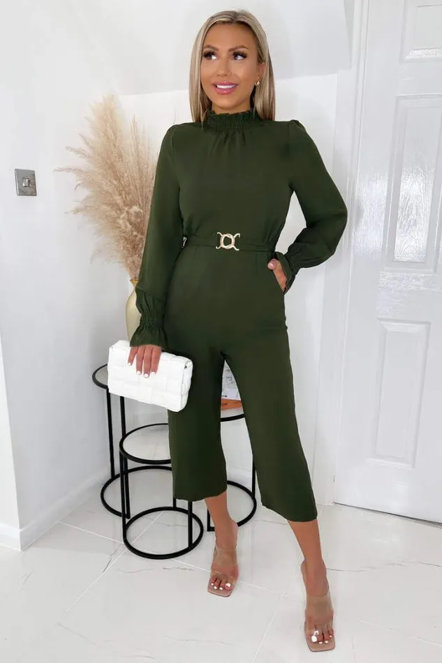 AX Paris Jumpsuits And Playsuits Olive High Neck Long Sleeve Belted Jumpsuit