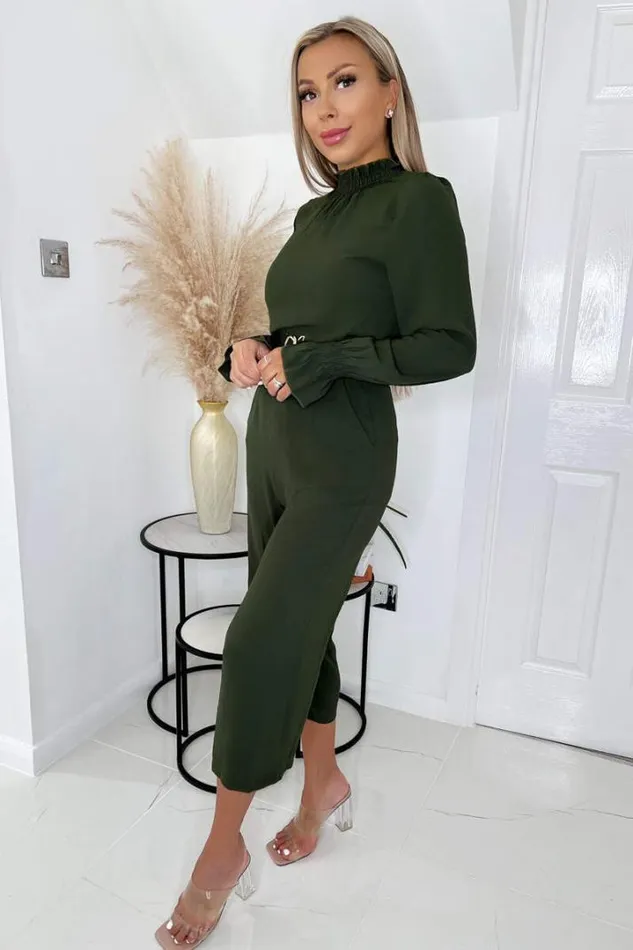 AX Paris Jumpsuits And Playsuits Olive High Neck Long Sleeve Belted Jumpsuit
