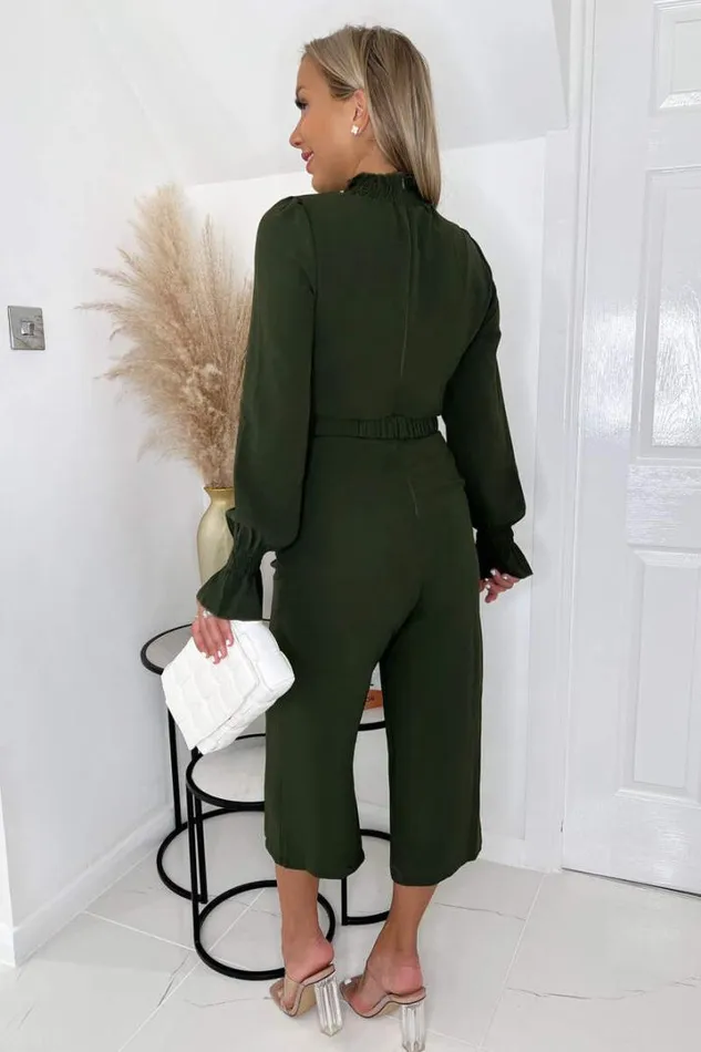 AX Paris Jumpsuits And Playsuits Olive High Neck Long Sleeve Belted Jumpsuit