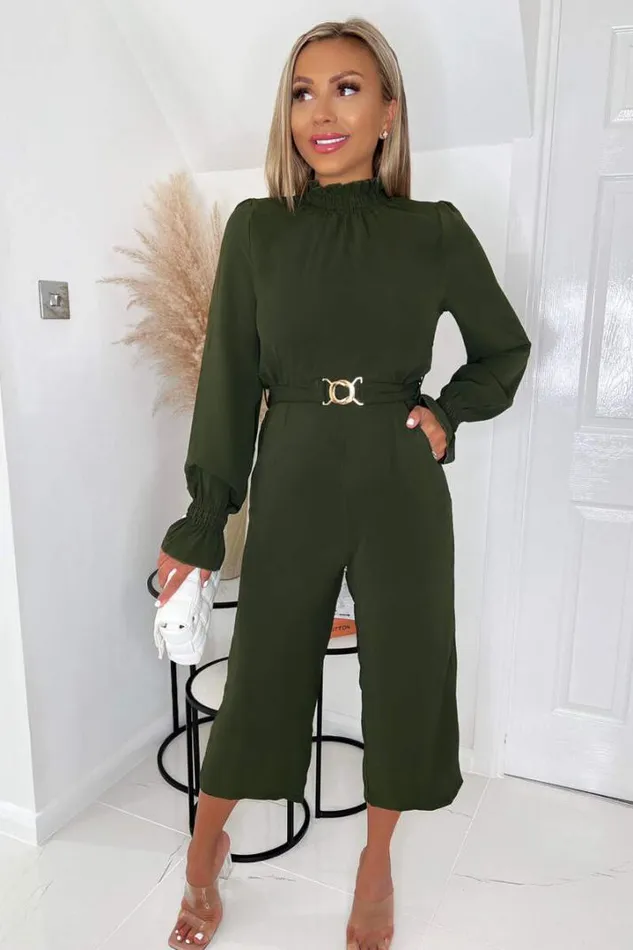 AX Paris Jumpsuits And Playsuits Olive High Neck Long Sleeve Belted Jumpsuit