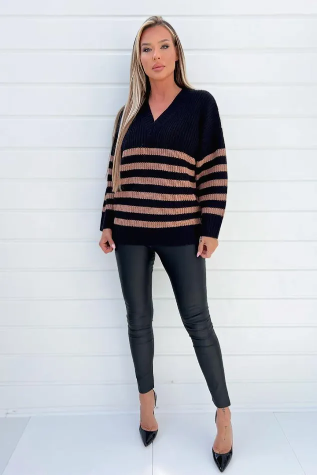 AX Paris Knitwear Black And Camel Stripe VNeck Knit Jumper